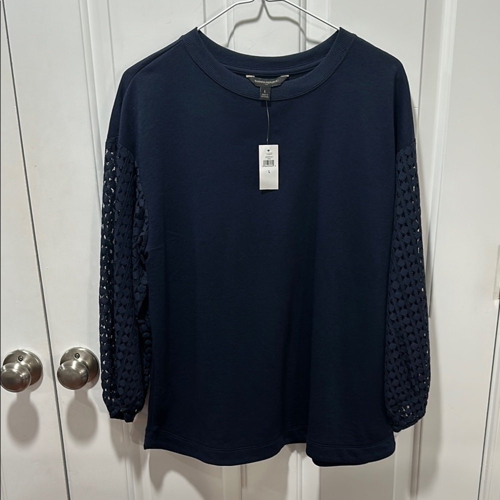 Banana Republic Navy Sweater with Lace Sleeves